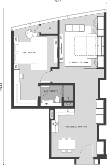 Eaton Residences Type A5 floor plan, 840 sqft one-bedroom managed unit