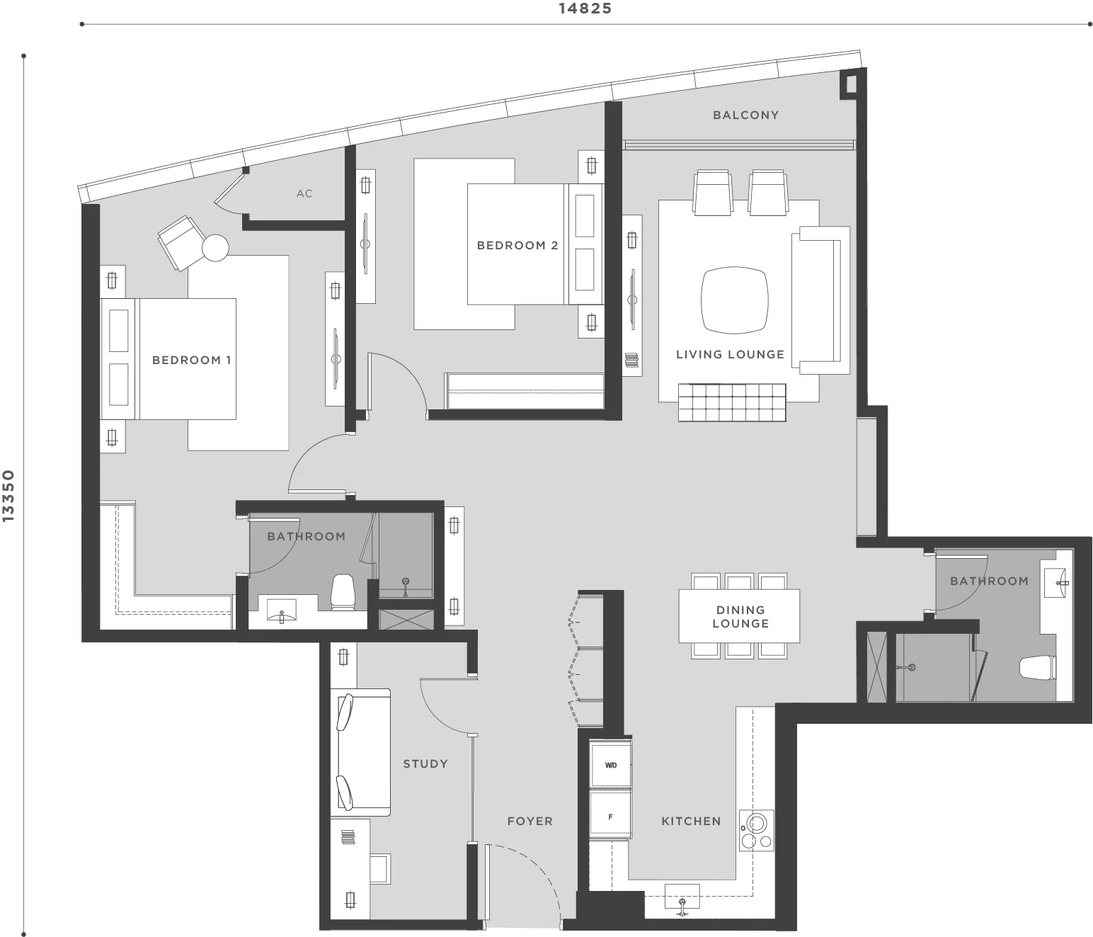 Eaton Residences Type C4 floor plan, 1,410 sqft two-bedroom plus study